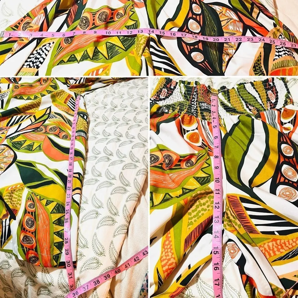 Cato Vibrant Flowy Tropical Satin Extra Wide Leg Palazzo Pants Green Orange M - Image 10