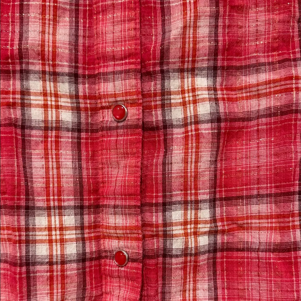 Ariat Red Plaid snap Down western Shirt with lace and sparkle med - Image 3
