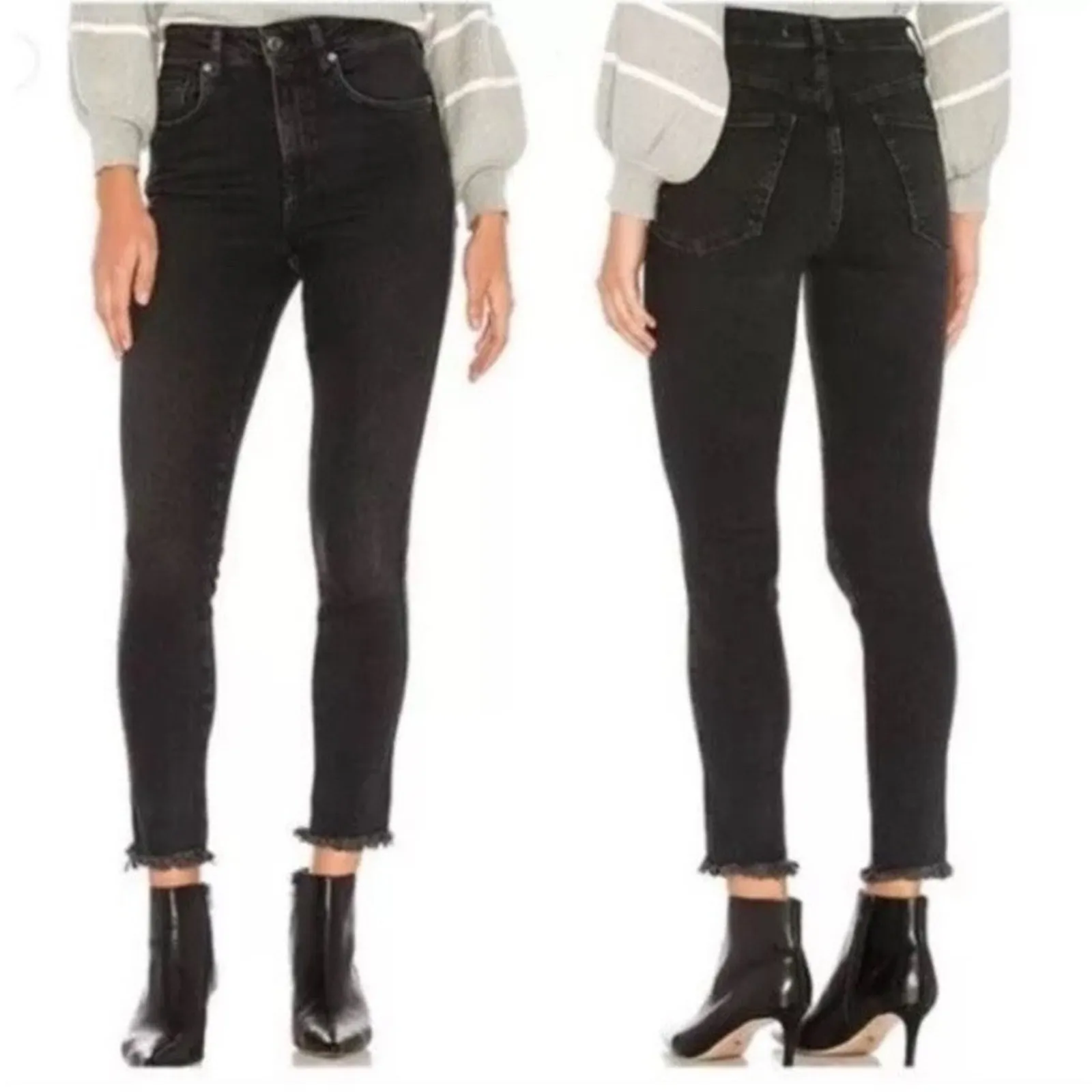 We The Free People Skinny Jeans High Rise Black Stretch Raw‎ Hem Women’s Size 29 - Image 2