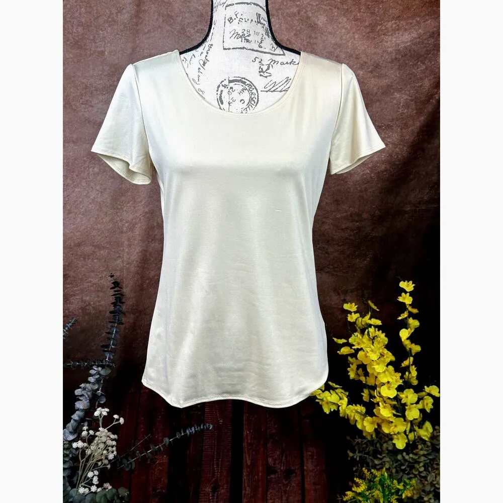 Scoop Neck Short Sleeve Silky Pullover Notations Blouse Tan size S - Image 2