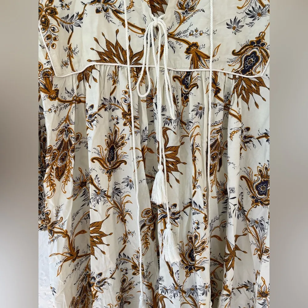 R. Vivimos long sleeve blue/beige cotton, prairie, boho maxi dress, tassels; M Blue Size M - Image 3