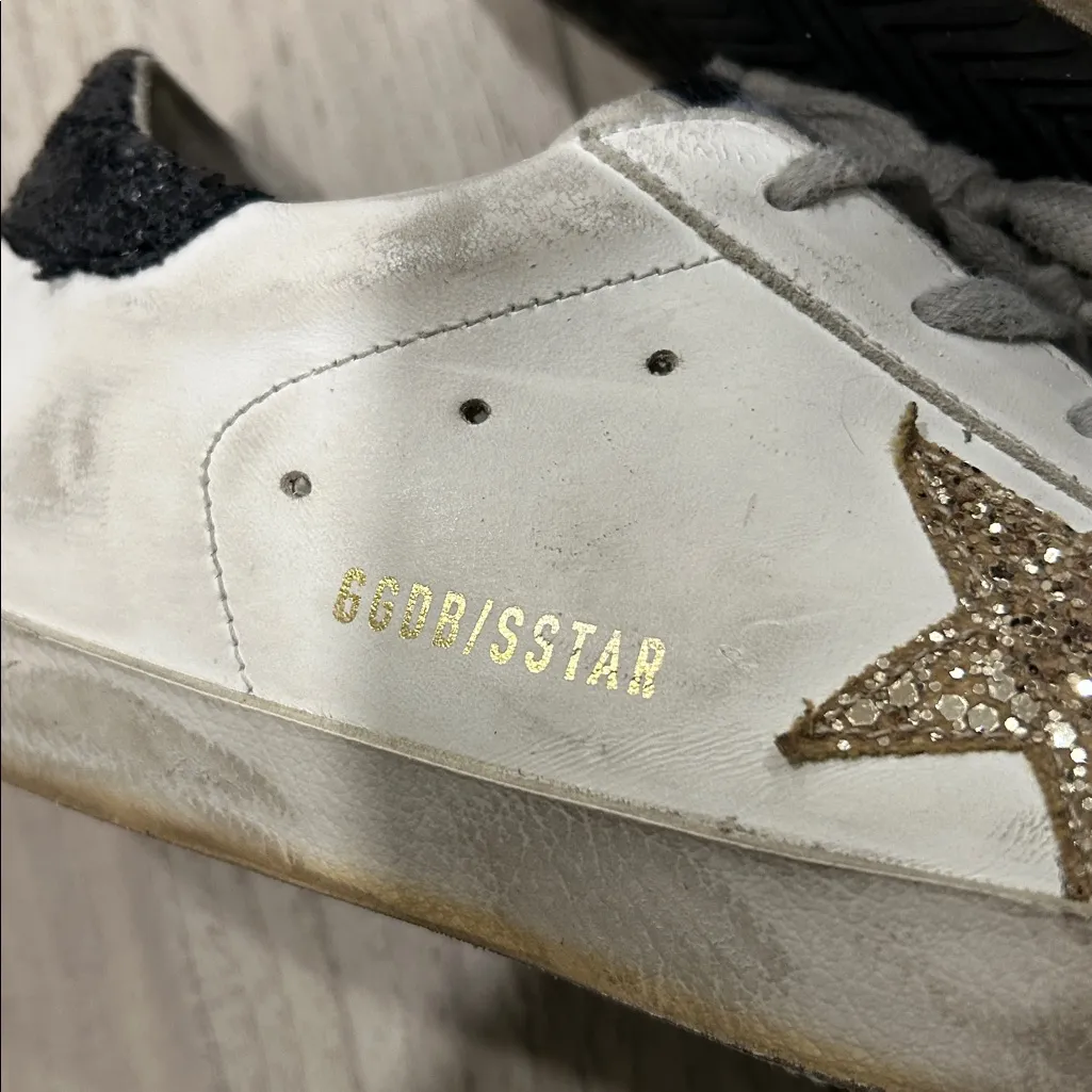 Golden Goose White Sneakers with Gold Star and Black Glitter Heel Tab Size 39 - Image 9