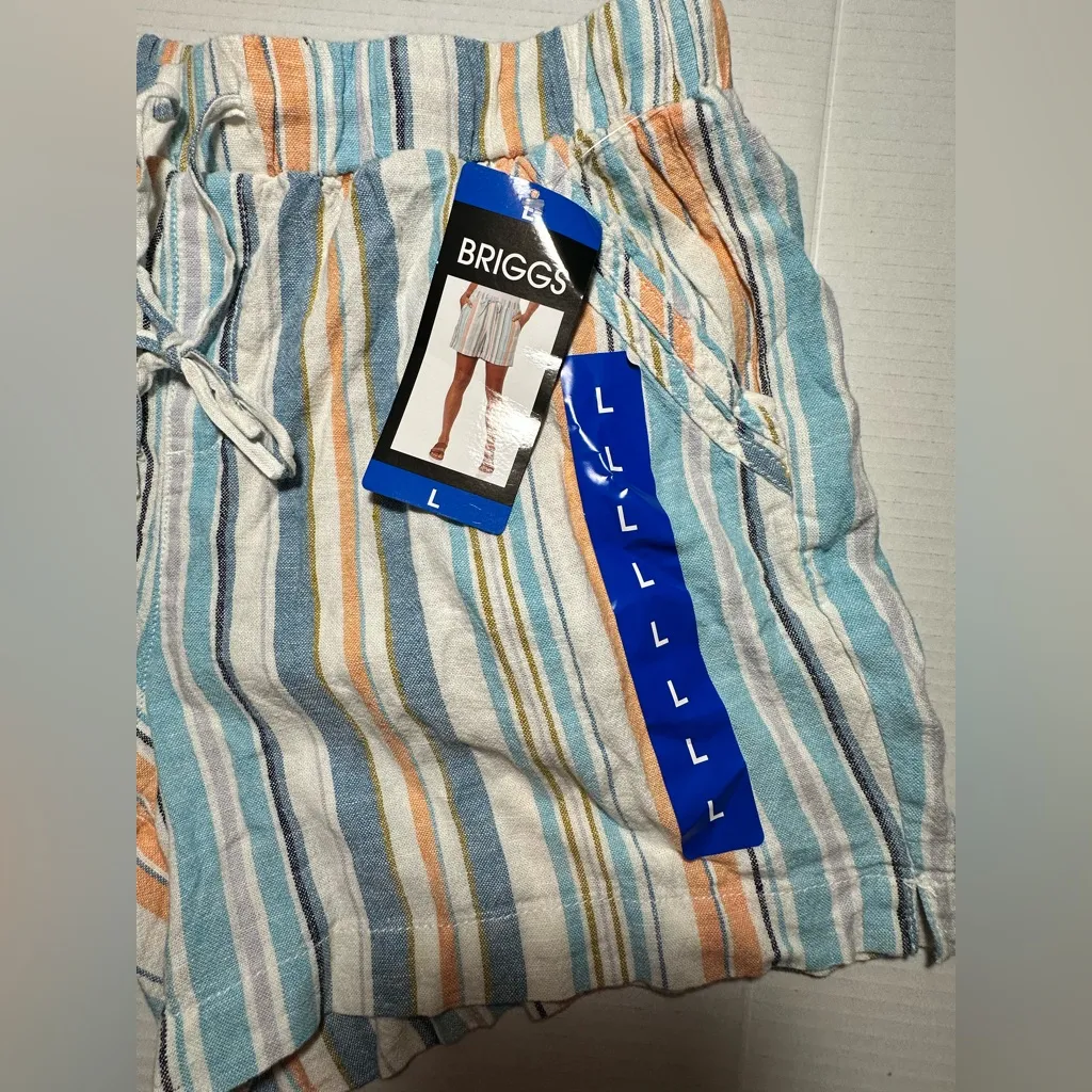 Briggs Linen‎ Blend Shorts Womens White Blue Orange Striped Summer Swim Size L Size L - Image 4