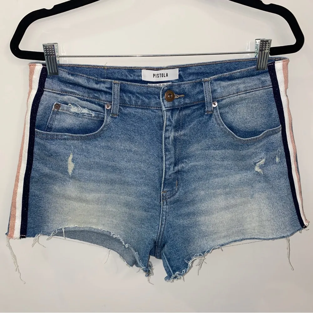 Revolve Pistola Winston High Rise Jean Shorts Half Court Racing Stripe Size 30 - Image 5