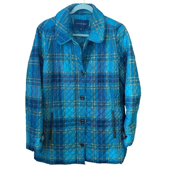 Lands End Quilted Plaid Barn Jacket Women Size L/T 14-16 Blue Gold Outerwear EUC - Image 2