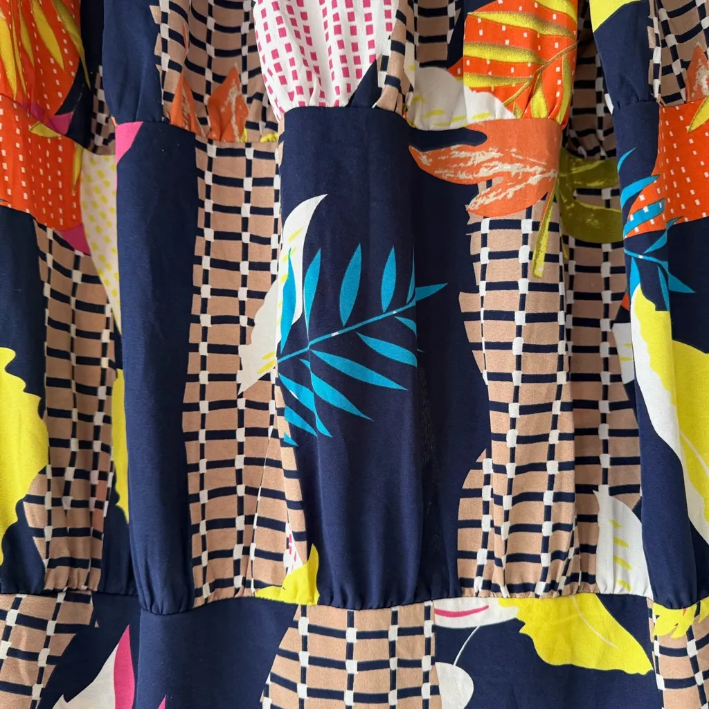 Bold Abstract Print Long Sleeve Tiered Dress Flowing Fit Vibrant Multicolor - Image 3