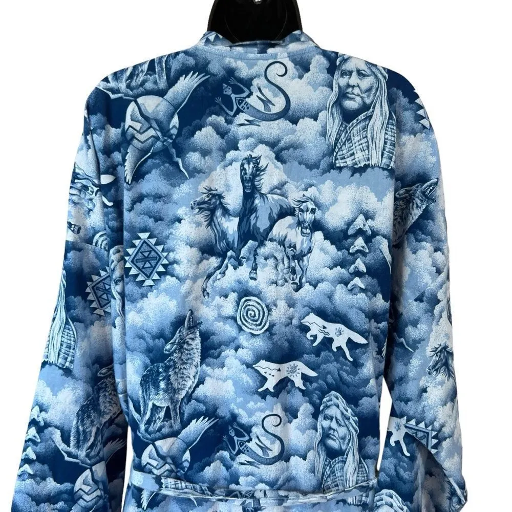 Native Legacy American Springs Cotton Blue Wolf Spirit Horse Petroglyph Kimono - Image 14