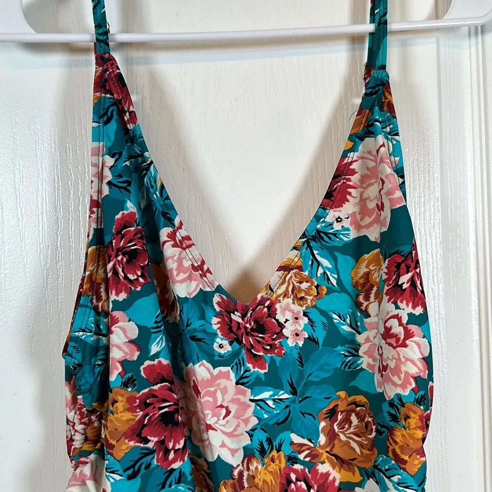 Time and Tru Floral Teal Pink Tie Sides V-neck Swimsuit Size Large EUC #1386 - Image 4