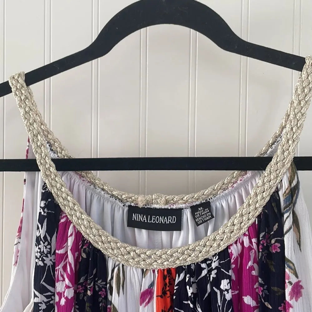 NINA LEONARD Gauzy Flowy Braided Strap Mixed Floral Patchwork Trapeze Dress‎ XL - Image 5