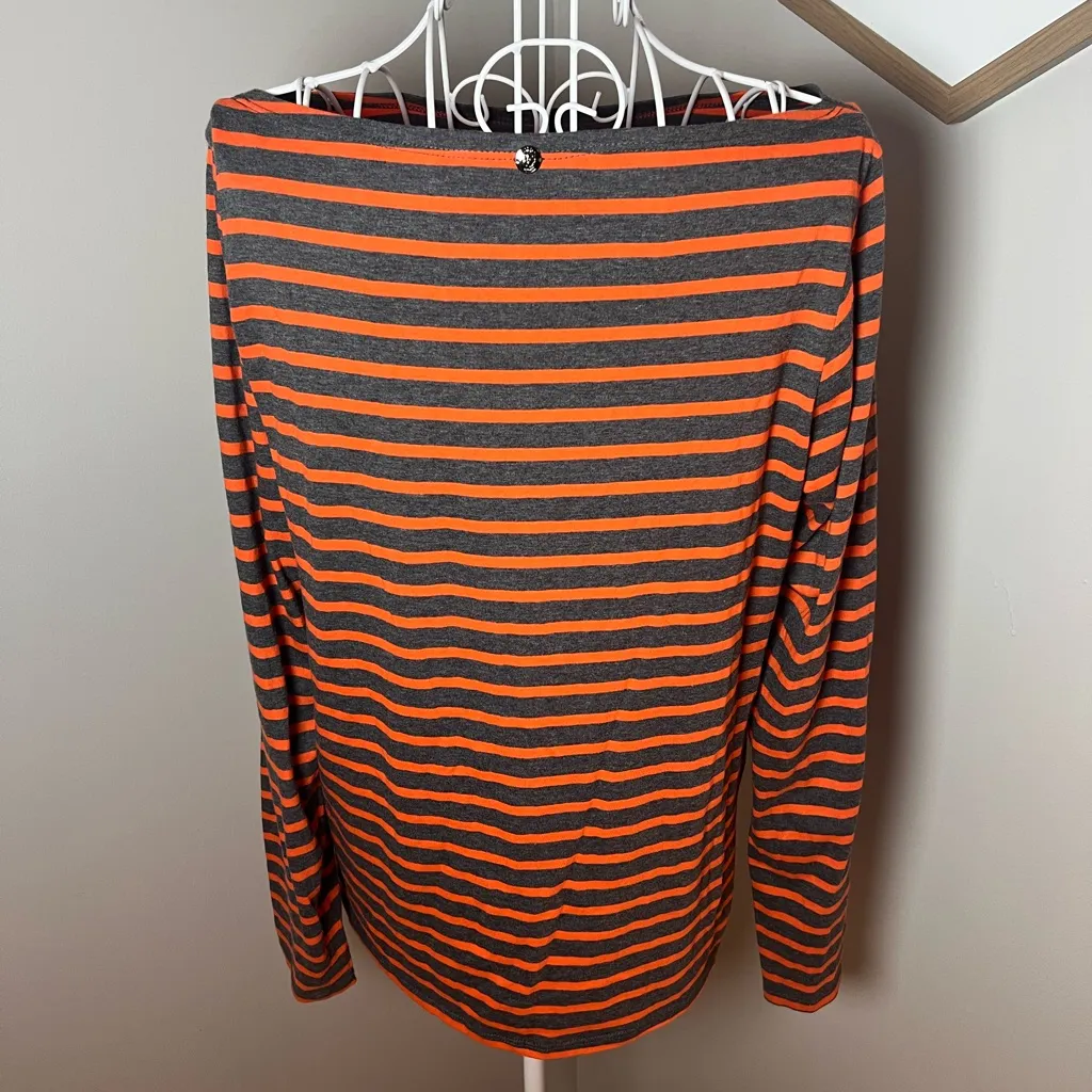 Trina Turk Women's M Cotton Striped Knit Top Long Sleeve Boatneck Orange Grey - Image 2