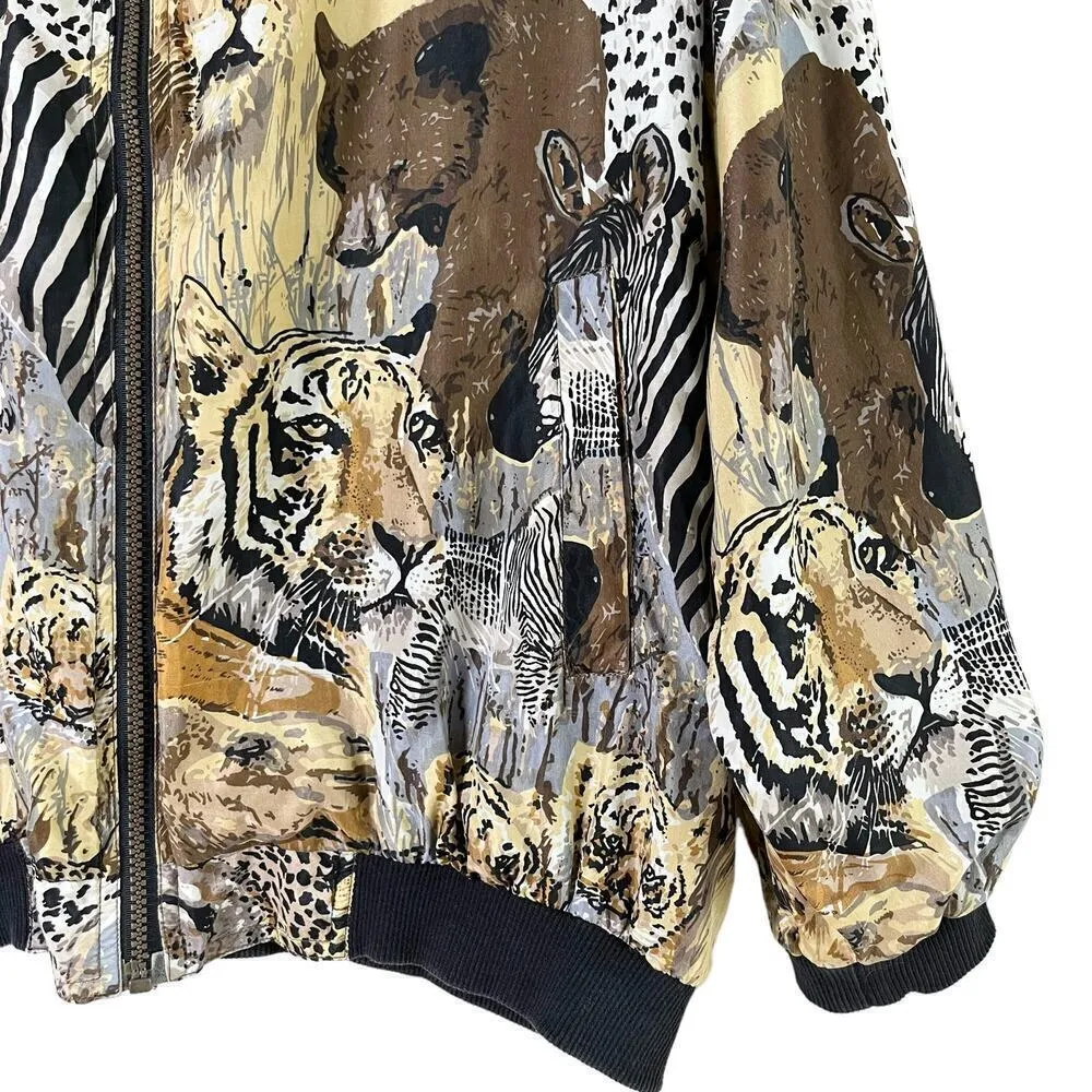 Vintage 80s Atlantic Beach 100% Silk Safari Animal Lightweight Bomber Jacket, XL Tan - Image 5