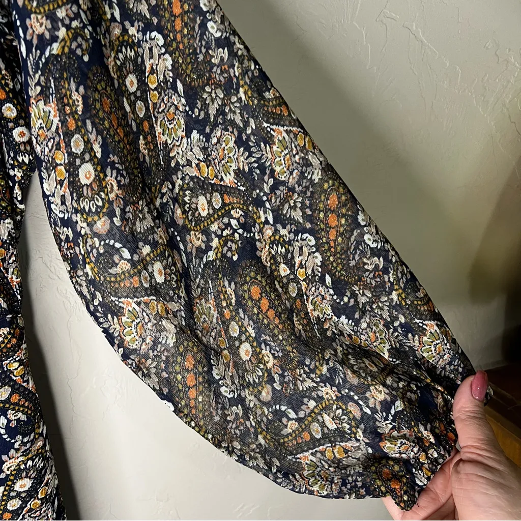 Natural Life Floral Paisley Bishop Sleeve VNeck Tie Waist Button Down Maxi Dress - Image 7