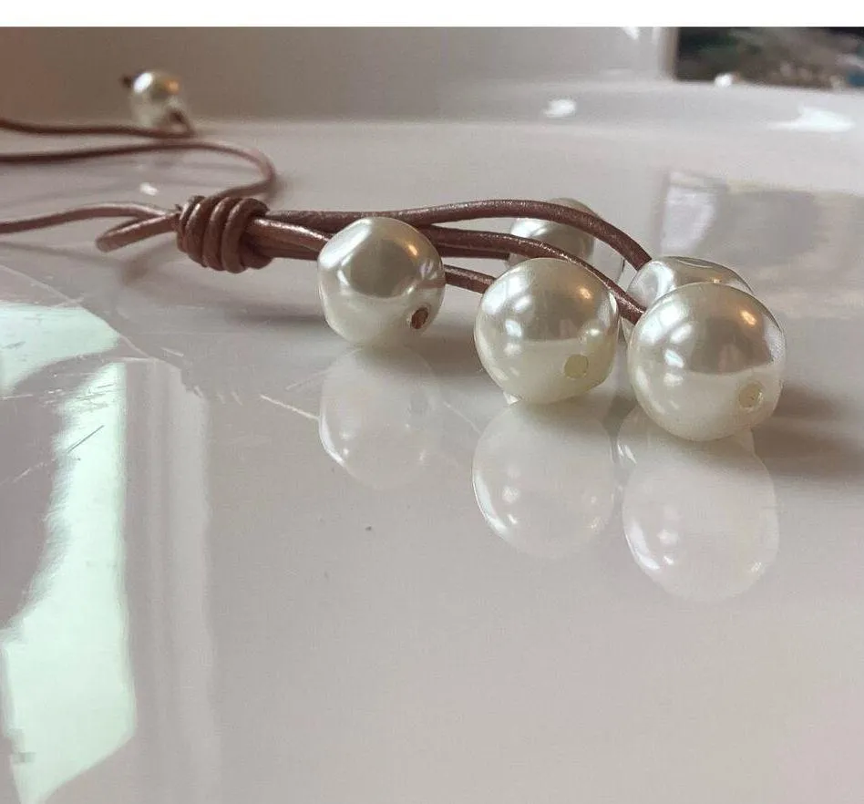 Leather Cord Pearls Necklace Brown - Image 3