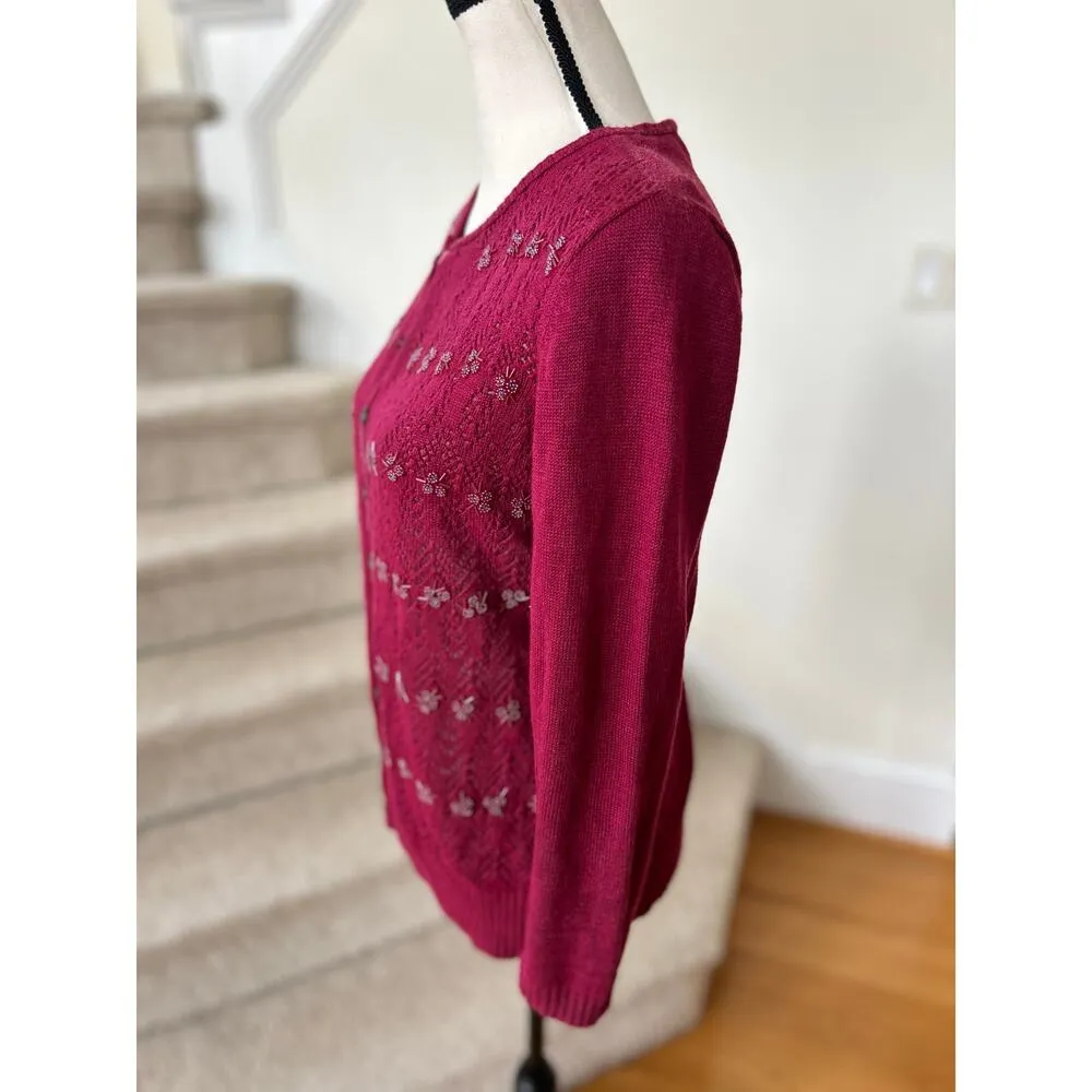 Vintage Y2K Liz Claiborne Red Beaded Crochet Long Sleeve Cardigan - Image 4