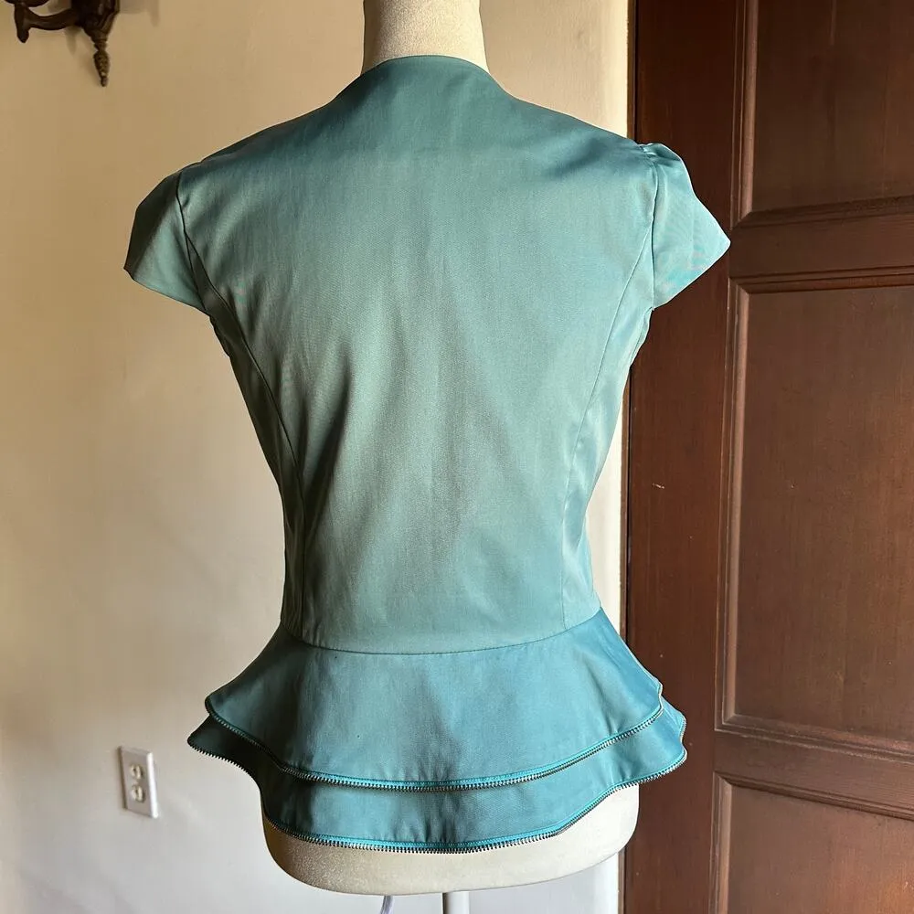 KARO RINLAN | Y2K Vintage Ice Blue Zip Up Zipper Trim Peplum Top | Approx Sz S - Image 4