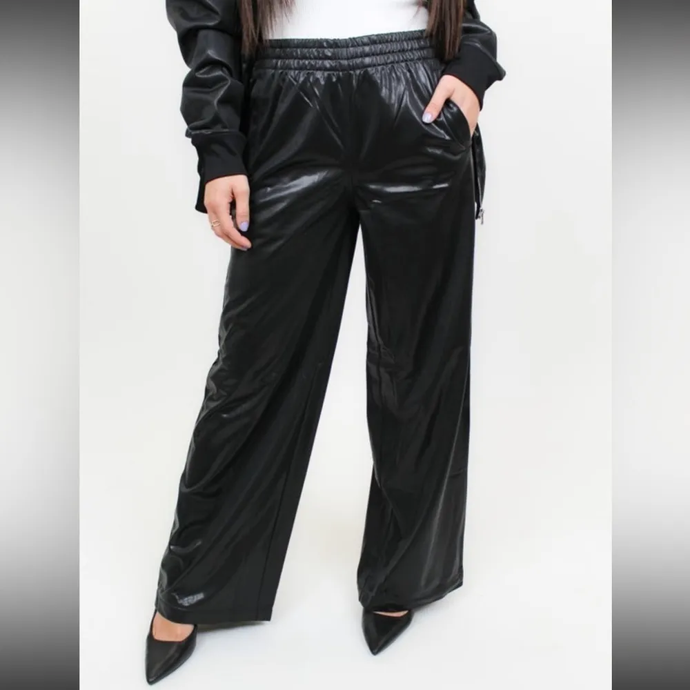 NWT MONO B Wide Leg Pants Womens Large Black Faux Leather Casual - Image 6