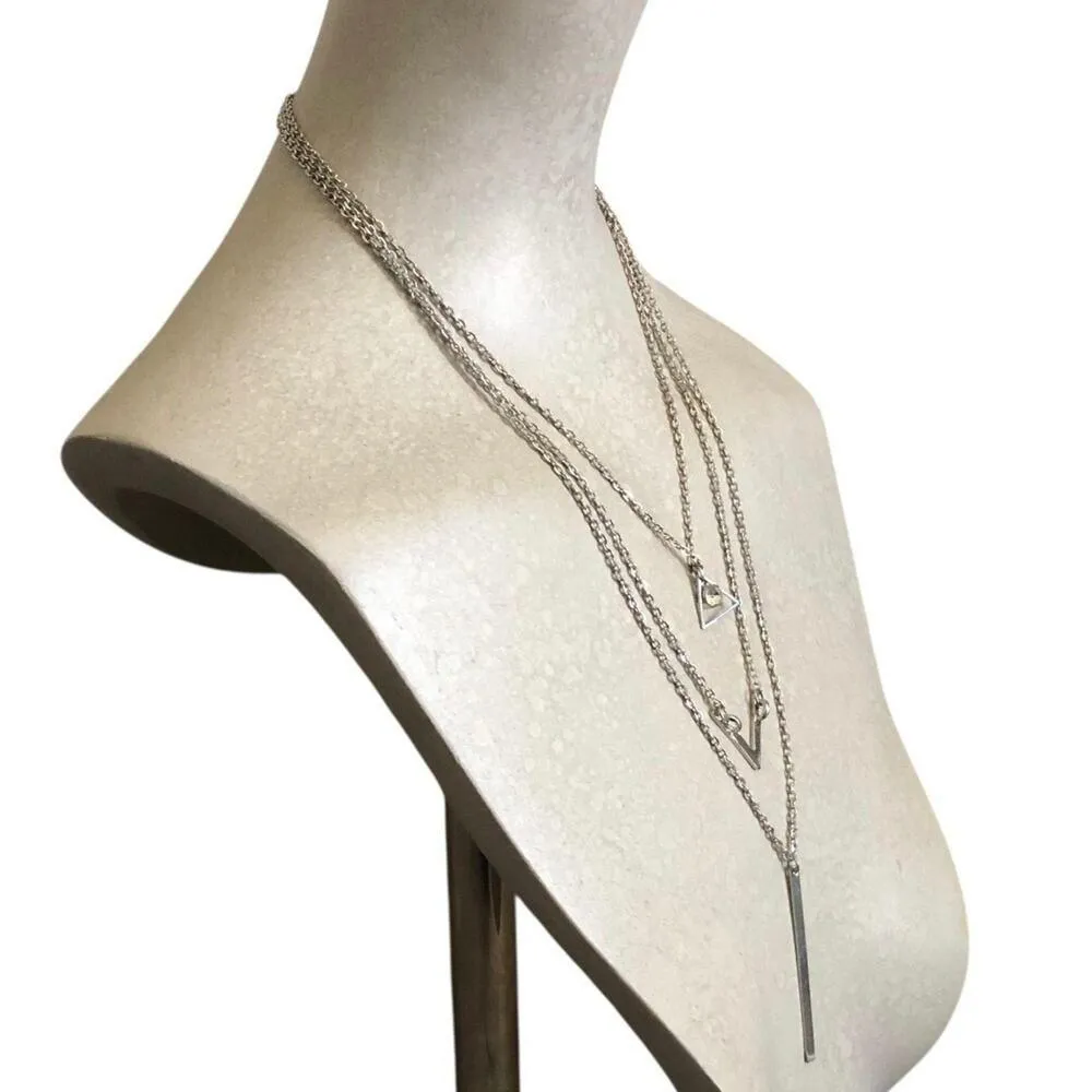 Silver Tone Layered Chain Necklace Rhinestone Triangle Bar Pendant with Extender - Image 6