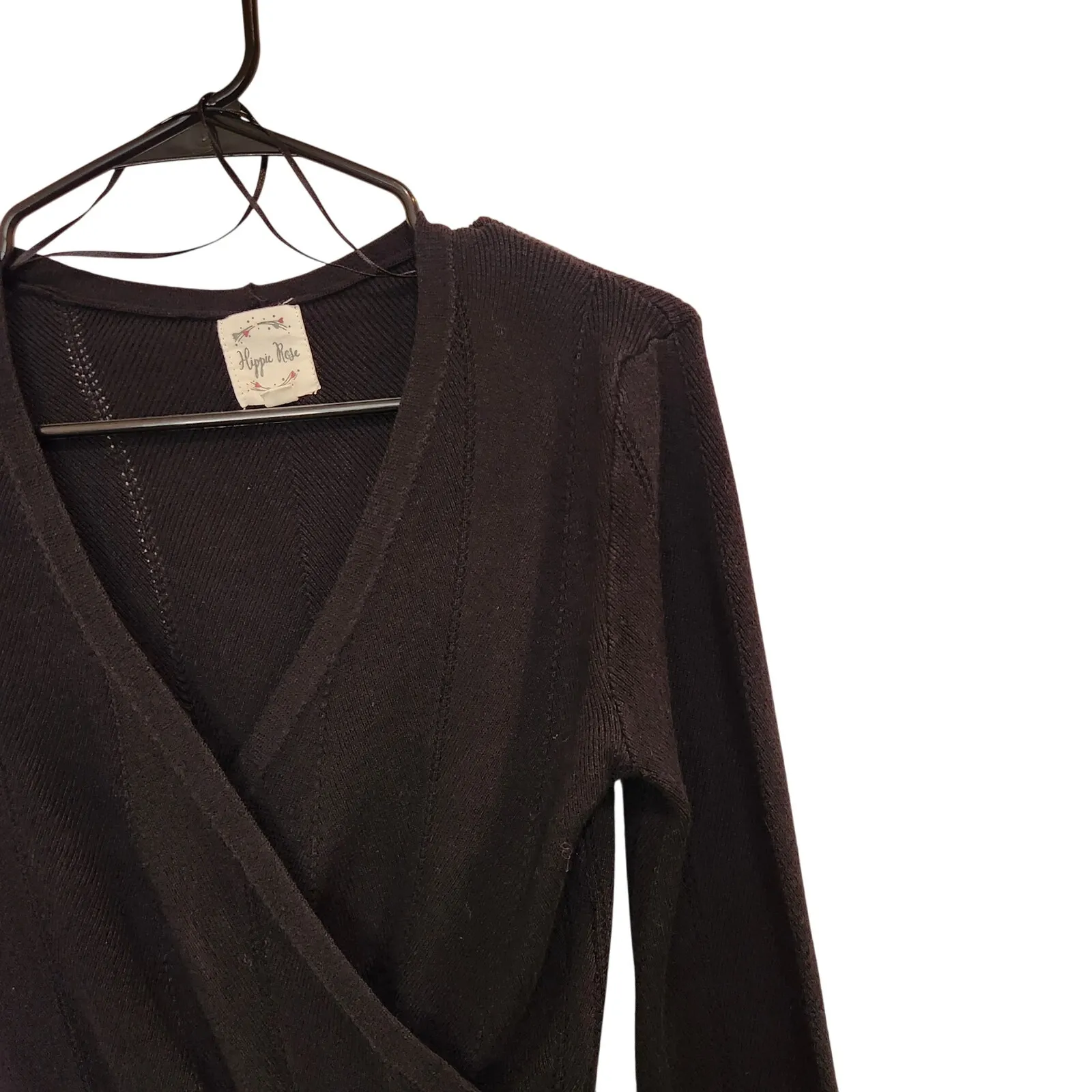 Hippie Rose Black Long Sleeves Pullover Surplice-Neck Ribbed-Hem Sweater Medium - Image 3