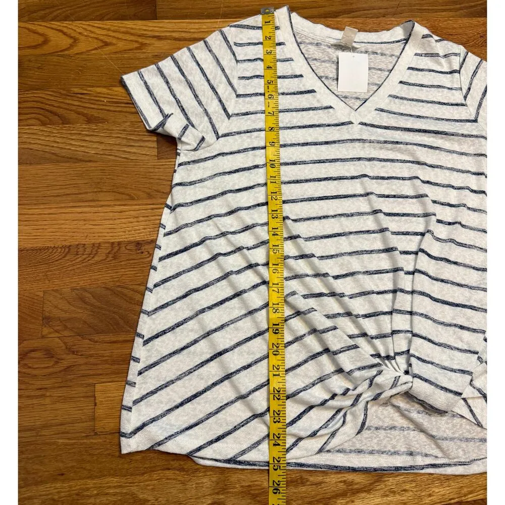 Caslon Women’s Large Ivory Navy StripeV-neck Short Sleeve T-shirt Nautical New - Image 7