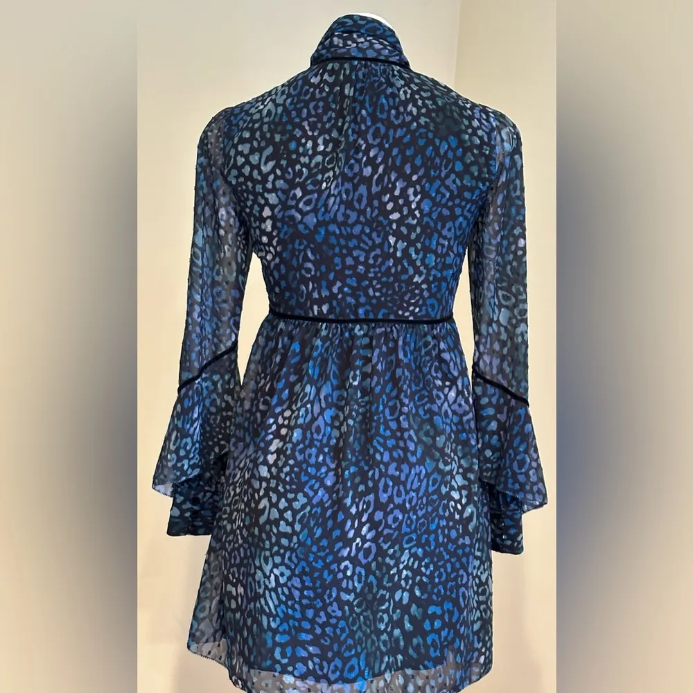 Laundry By Shelli Segal  Blue Cheetah Chiffon Sheer Mini Dress Tie On Neck - Image 12