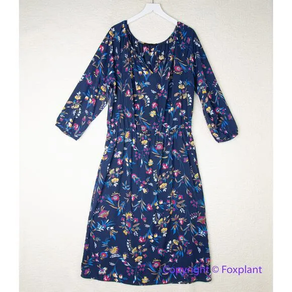 Fraiche by J floral dress‎ navy three quarter sleeve round neck, size 2X Blue - Image 2