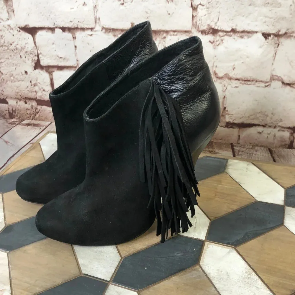 Plomo Black‎ Suede & Leather Fringe Heeled Booties Black Size 10 - Image 2