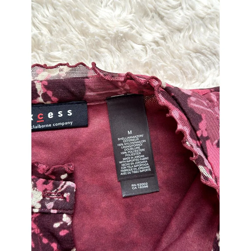 Vintage Cute Medium Y2K Mesh Sheer 90s Blouse Red Floral Lettuce Hem Whimsygoth - Image 5