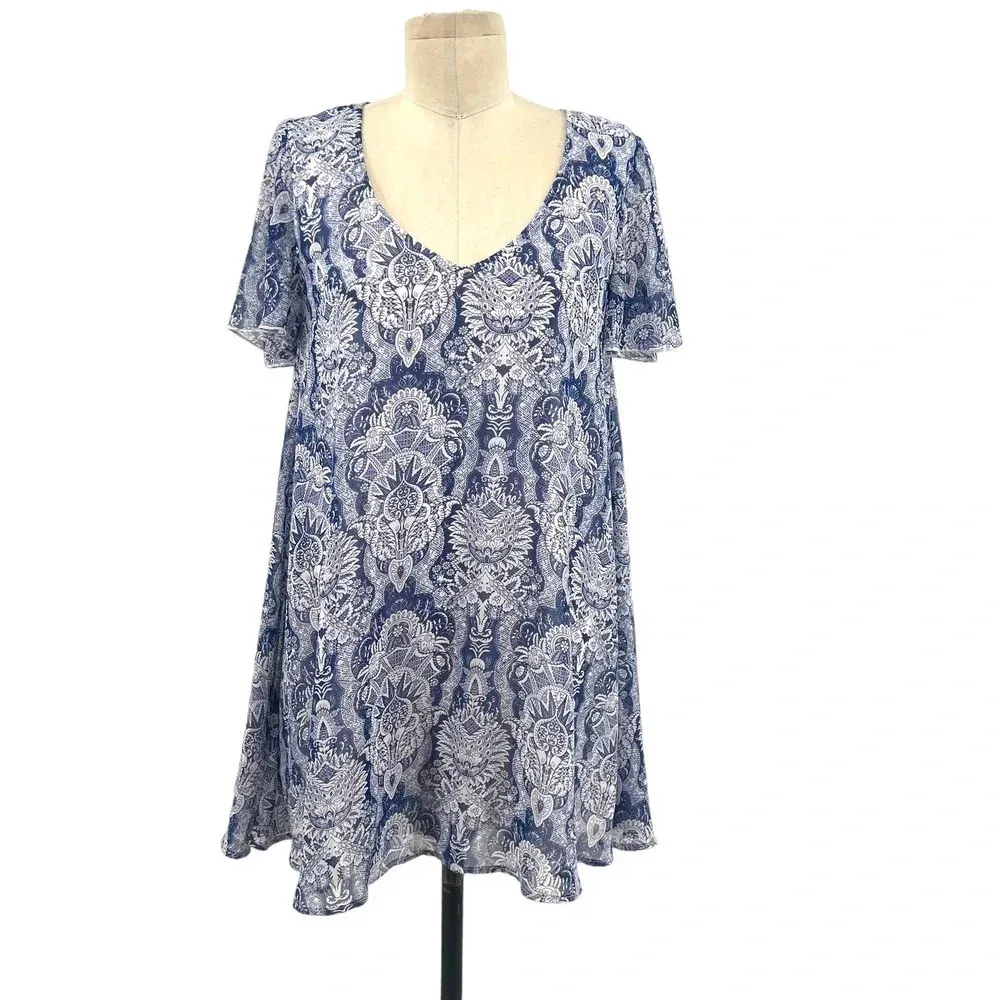 Show Me Your Mumu Kylie Babydoll Mini Dress Teacup Blue‎ White Size Small - Image 2