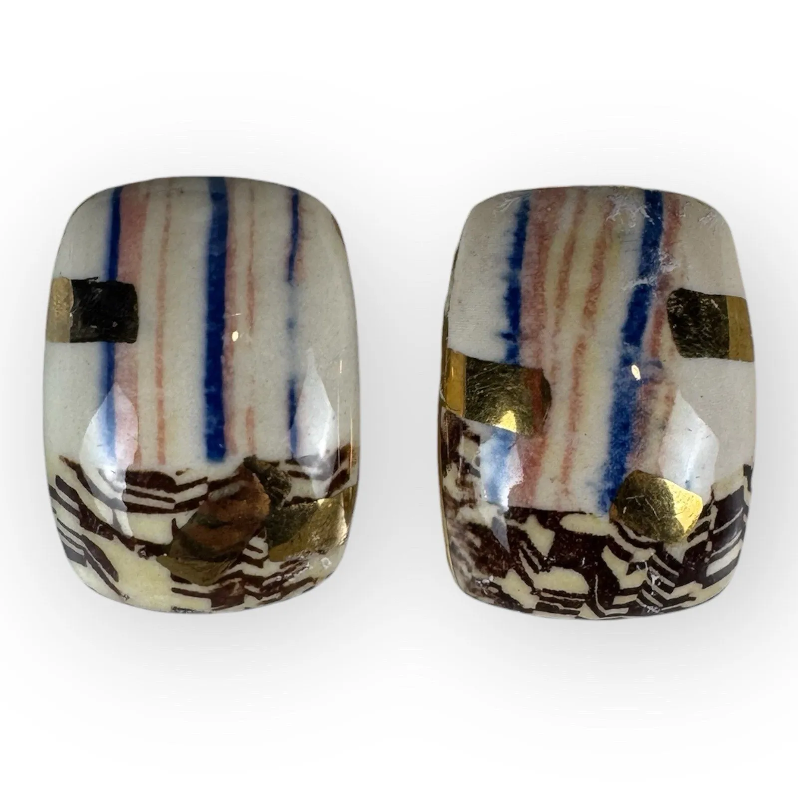 Vintage Abstract Ceramic Statement Earrings With Gold Foil 1” - Image 2