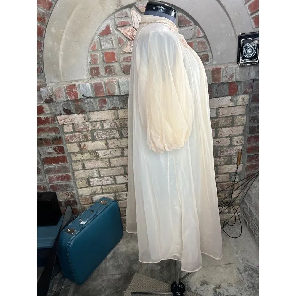 robe chiffon puff sleeve cream pink brown taupe floral 1950s Size L - Image 9