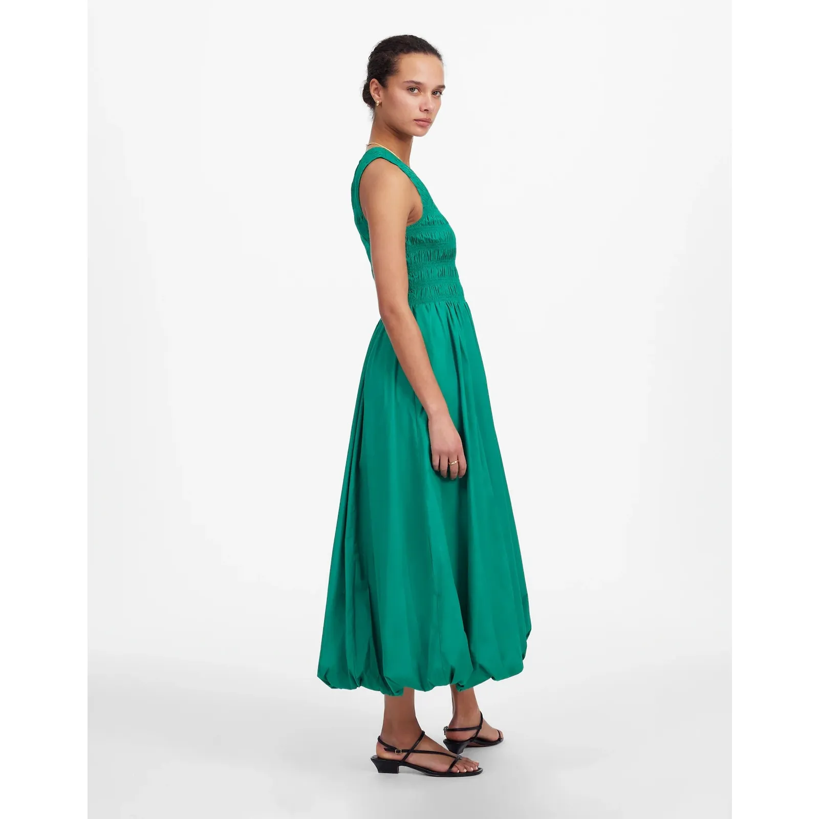 Madewell The Melody Bubble Hem Smocked Midi Dress Poplin Small Verdant Green NWT - Image 4