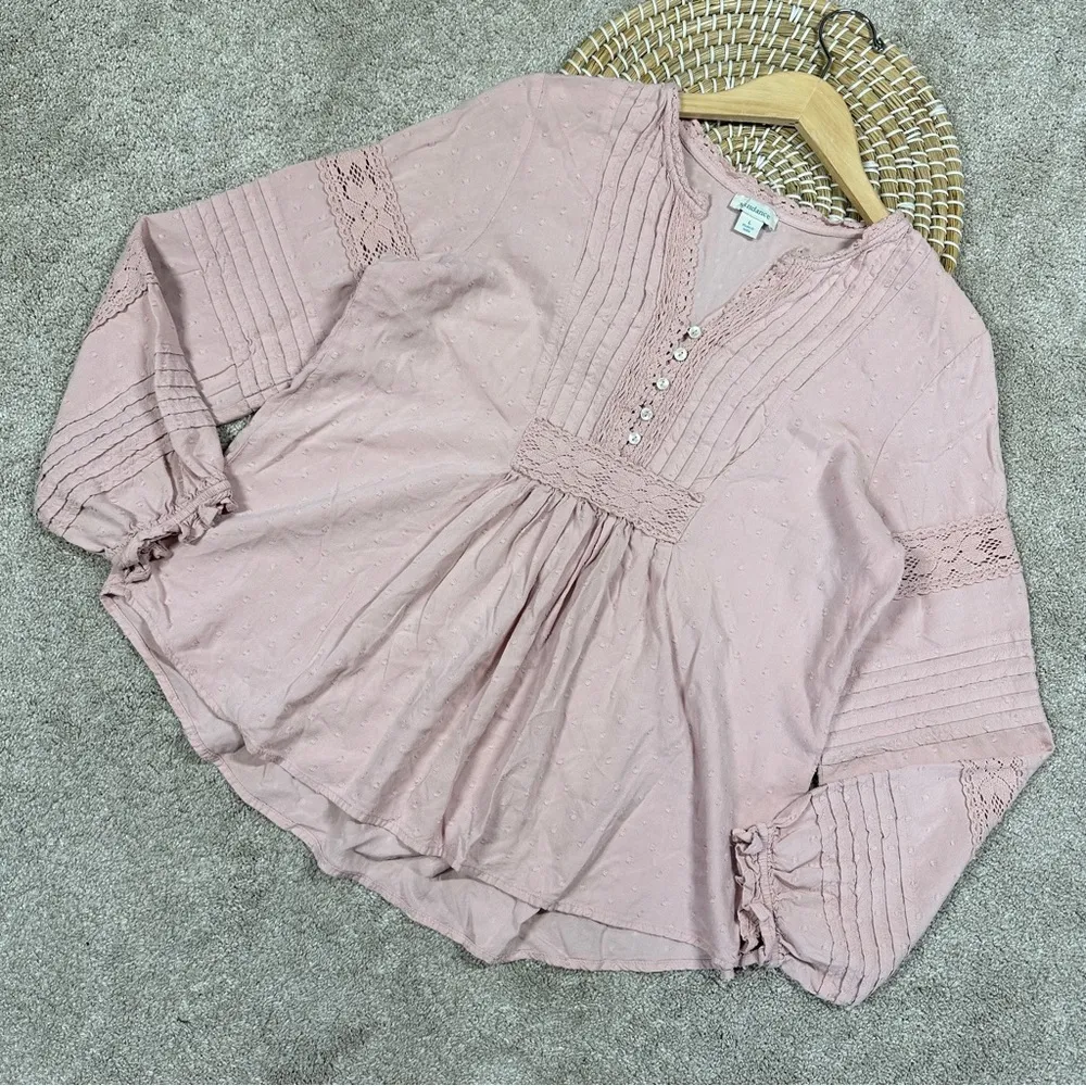 Sundance Spirit Lake Top Blouse Pintucks Ruffle Sleeve Boho Coquette in Pink L Size L - Image 3