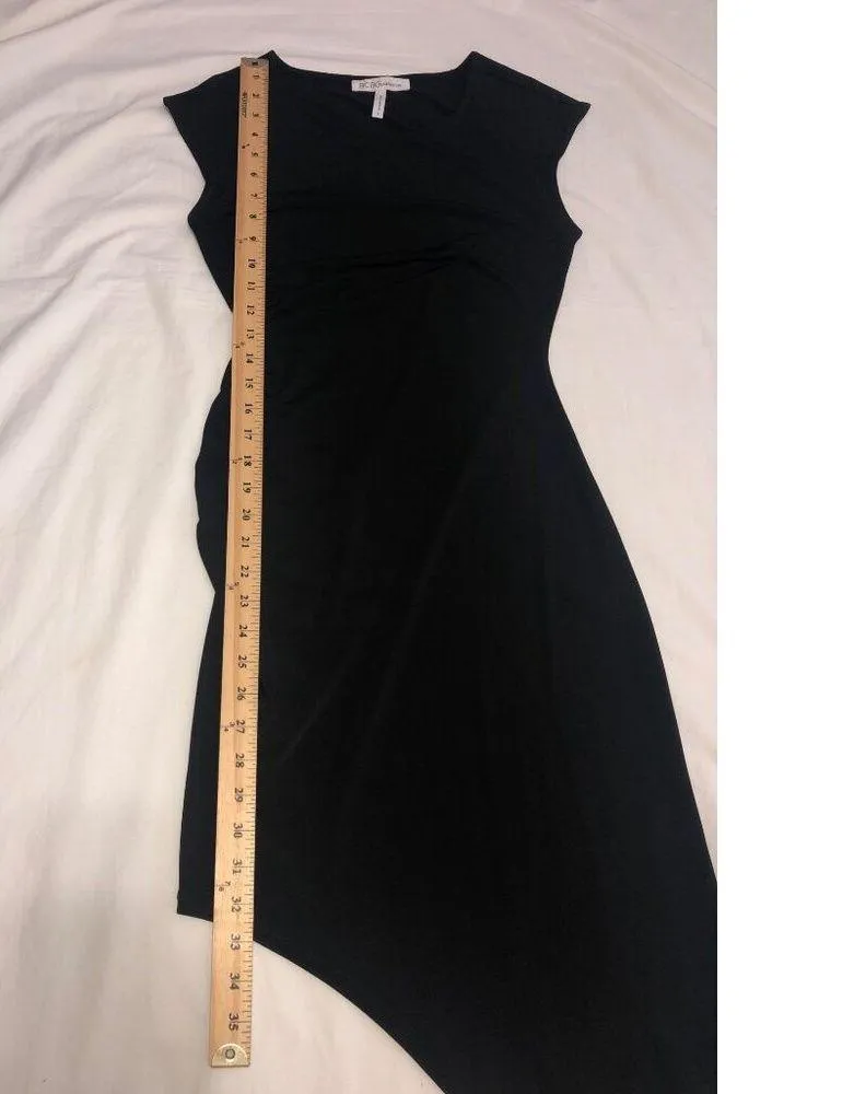 BCBG Asymmetrical Dress Size S Black Ruched Slinky Knit Sleeveless Party - Image 7