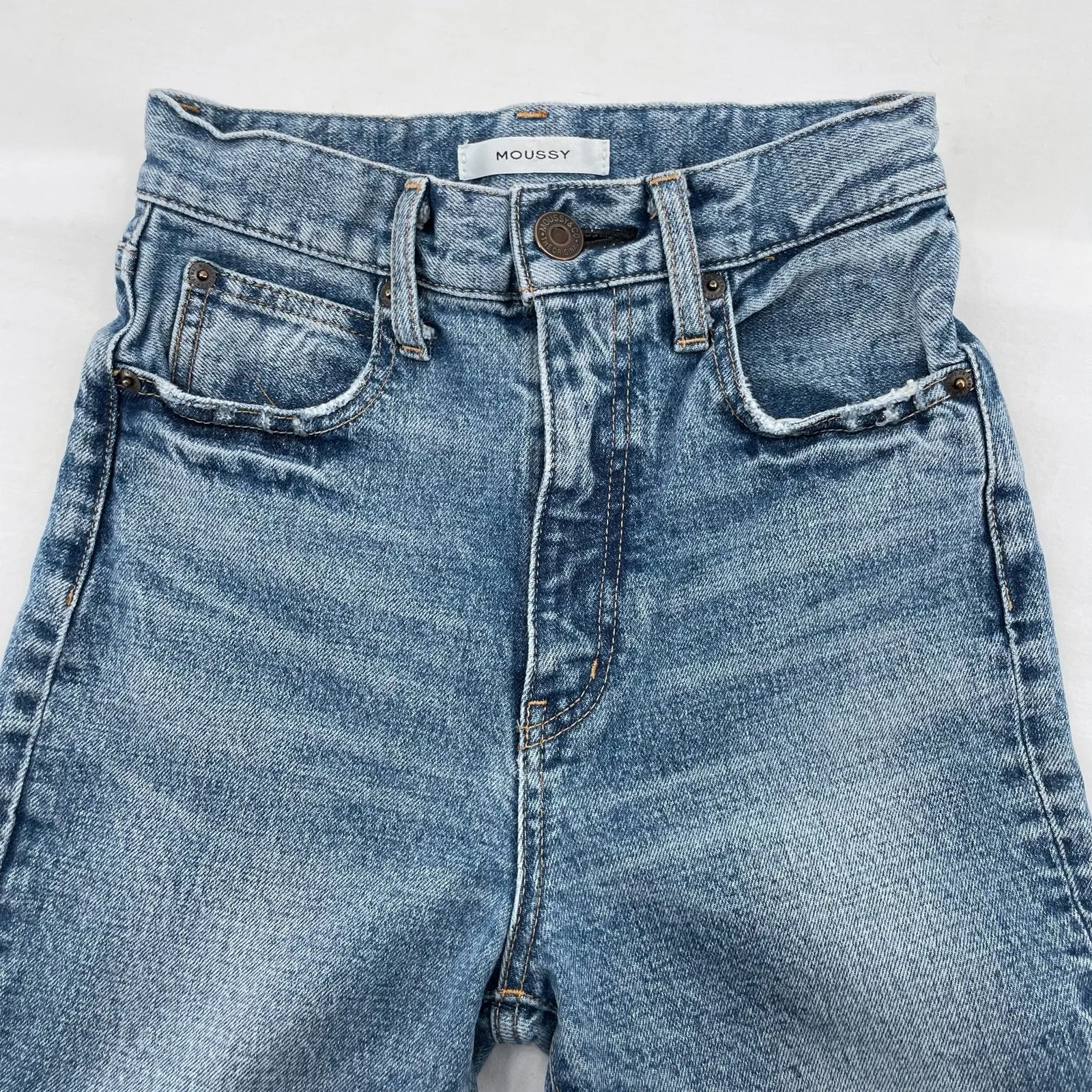 Moussy MVS Flare Leg Light Wash Faded Jeans High Rise Wide Leg Fall Fit Size 24 Blue - Image 3