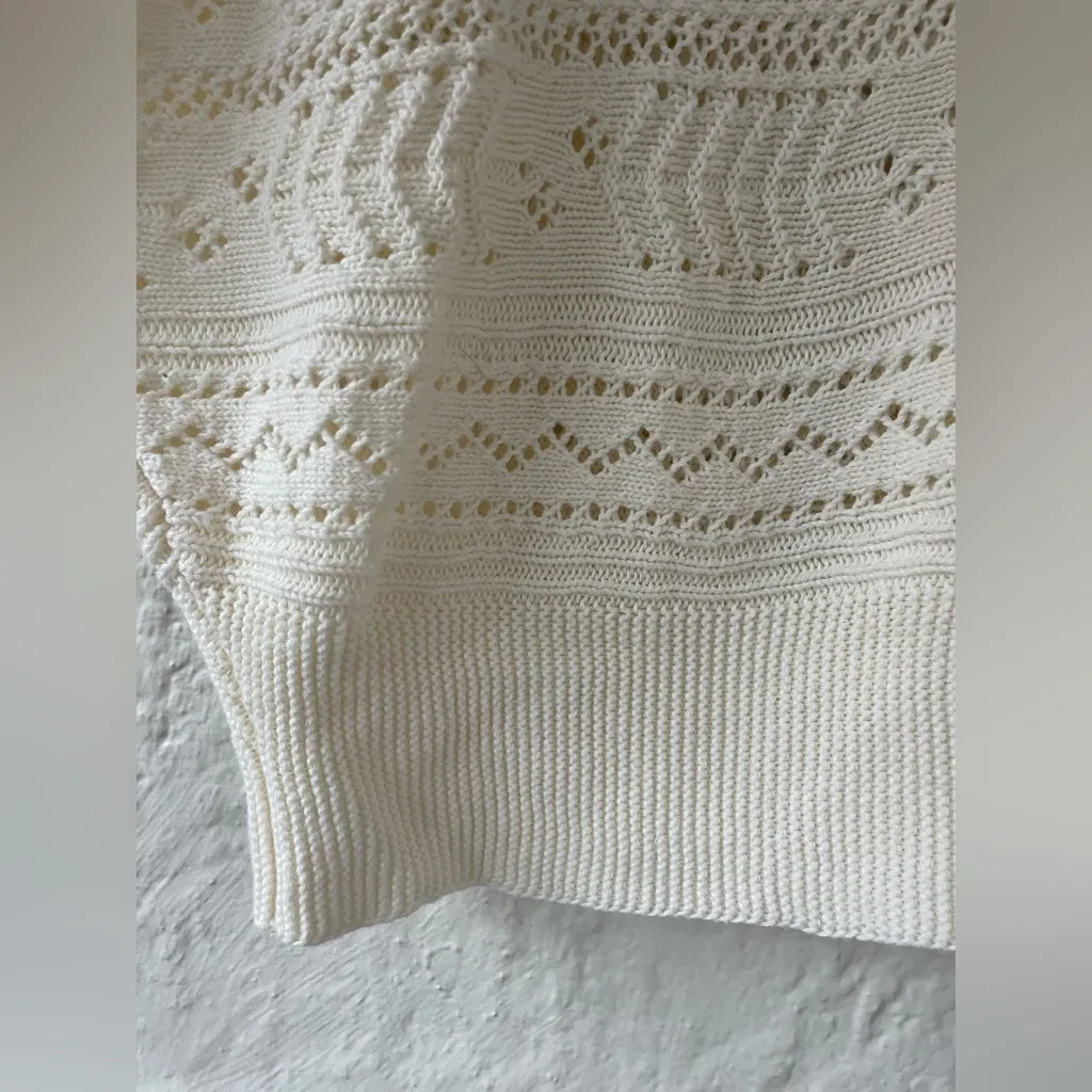 FRYE 100% cotton cream open knit short sleeve, pullover, crew neck sweater; M - Image 3