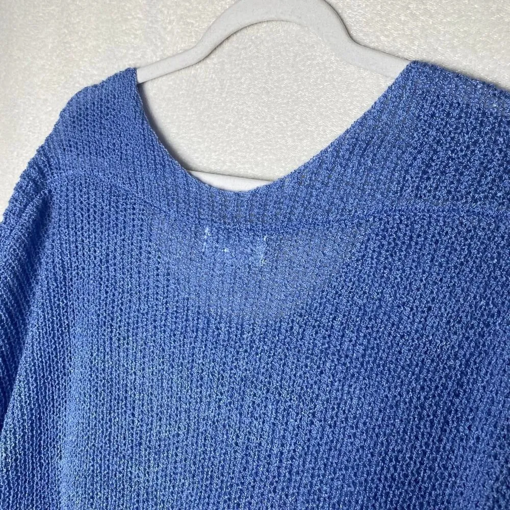 Ces Femme Open Knit Scoop Neck Dolman Sweater Patch Pocket Pullover Blue Medium - Image 9