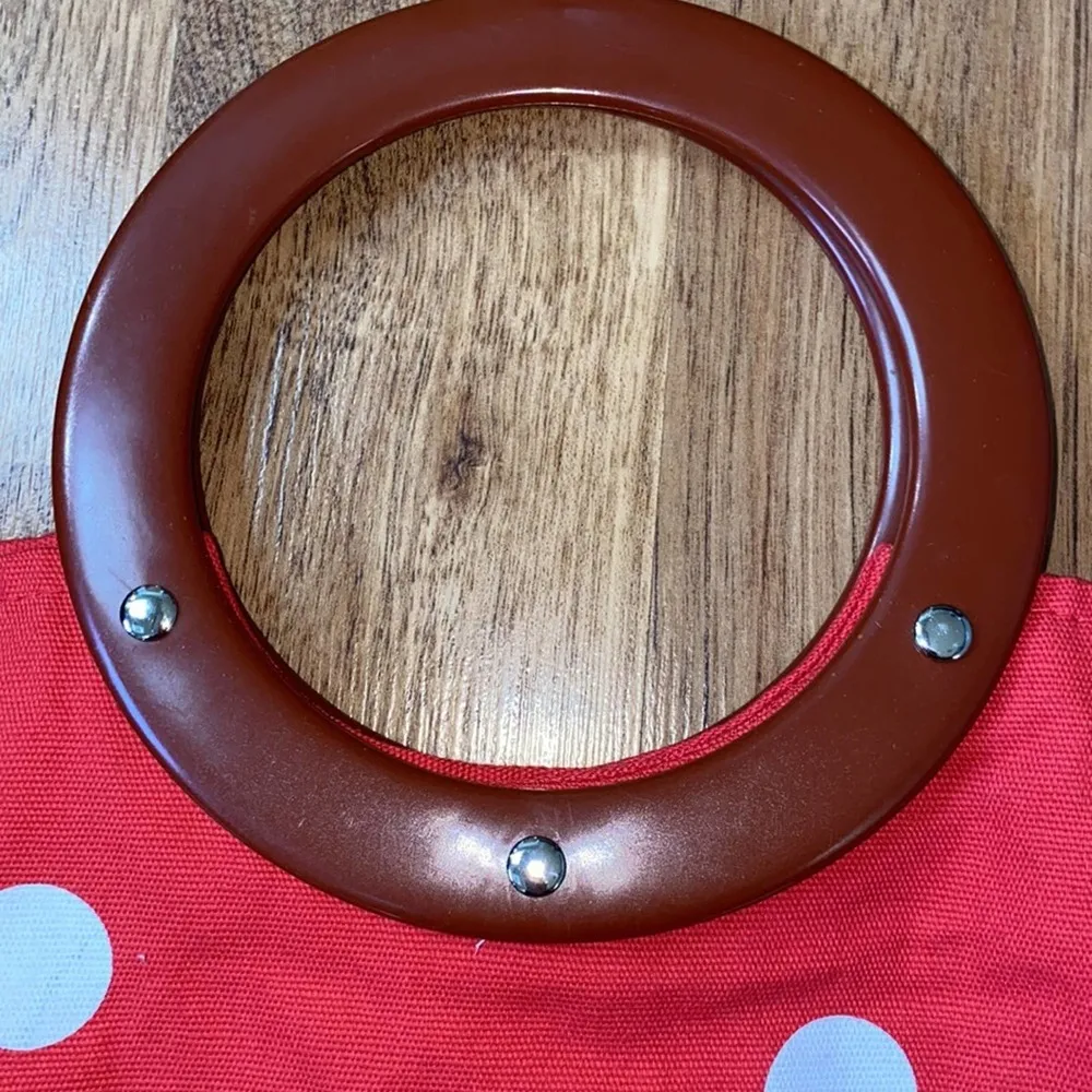 Handbag Red Tote Snowman Applique Round Handles Riveted Bag Polka Dots EUC OS - Image 2