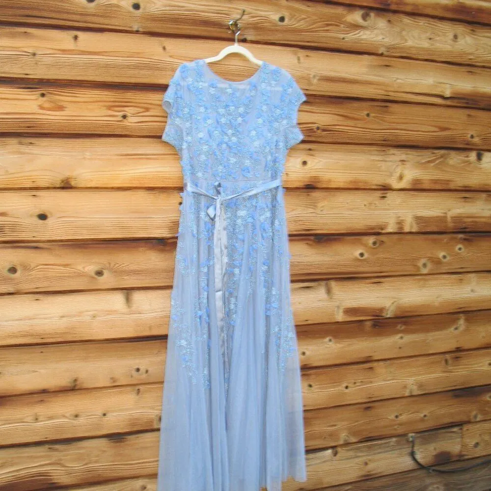 MAC DUGGAL 14521 Blue Floral Embellished Short Sleeve Mesh Gown Dress - Image 8