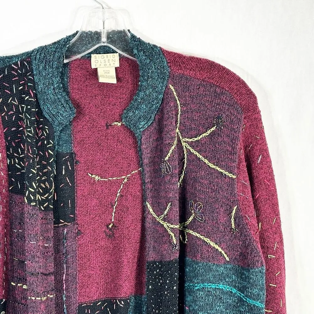 Sigrid Olsen Sport Medium Petite Cardigan Sweater Beaded Metallic Green Red 1321 - Image 4