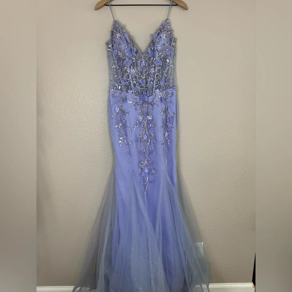 Jovani 05839 Perri Plunging Neck Mermaid Prom Dress Gown size 6 Periwinkle $700 - Image 6
