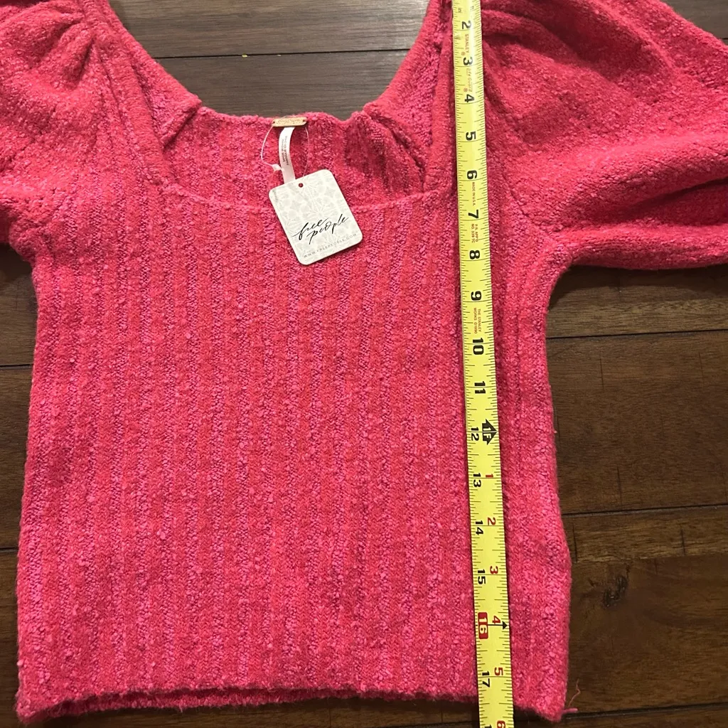 Free People Katie Hot Pink Ribbed Knit Balloon Sleeve Sweater Size Small NEW - Image 4