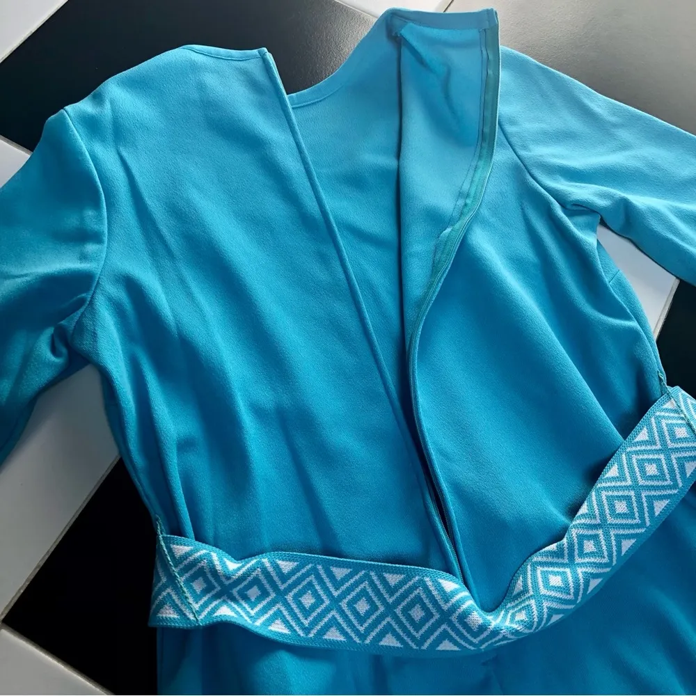 Vintage 60s 70s  Belted Midi Dress Embroidered Waist Tie Bright Blue L - Image 6