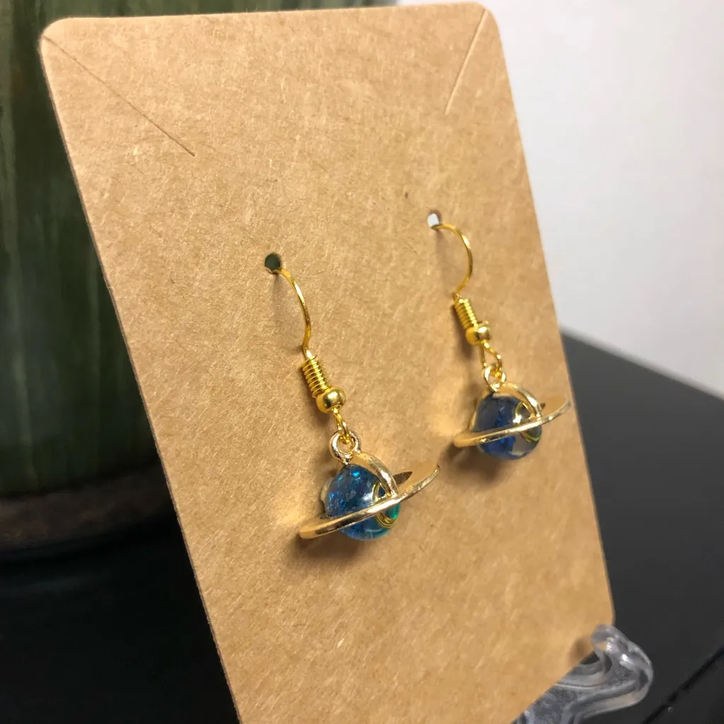 Glittery Blue Saturn Planet Earrings Gold - Image 4