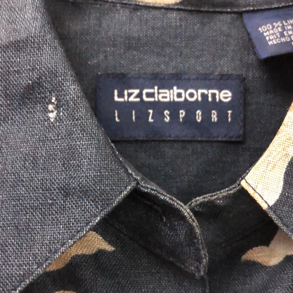 Vintage Liz Claiborne Sport 100% linen women’s‎ size S floral navy blue L/S top - Image 5
