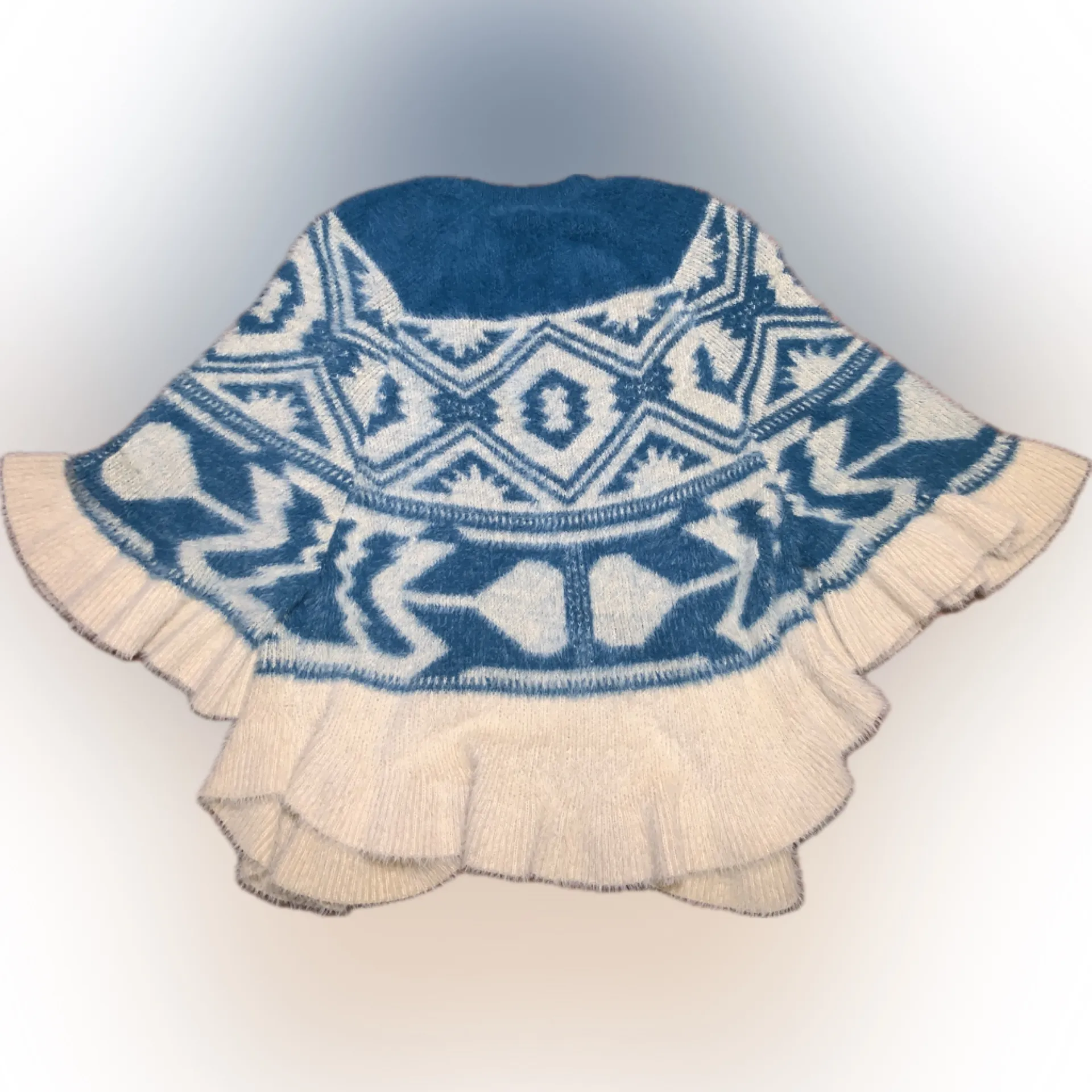 Cobble Lane Soft Cozy Fair Isle Pattern Ruffle Knit Cardigan Cape Sweater L Blue Size L - Image 7