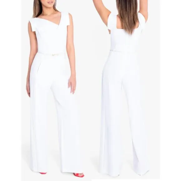 NWT Black Halo Classic Jackie O Draped Neck Wide Leg Jumpsuit White Women's US 2 - Image 2