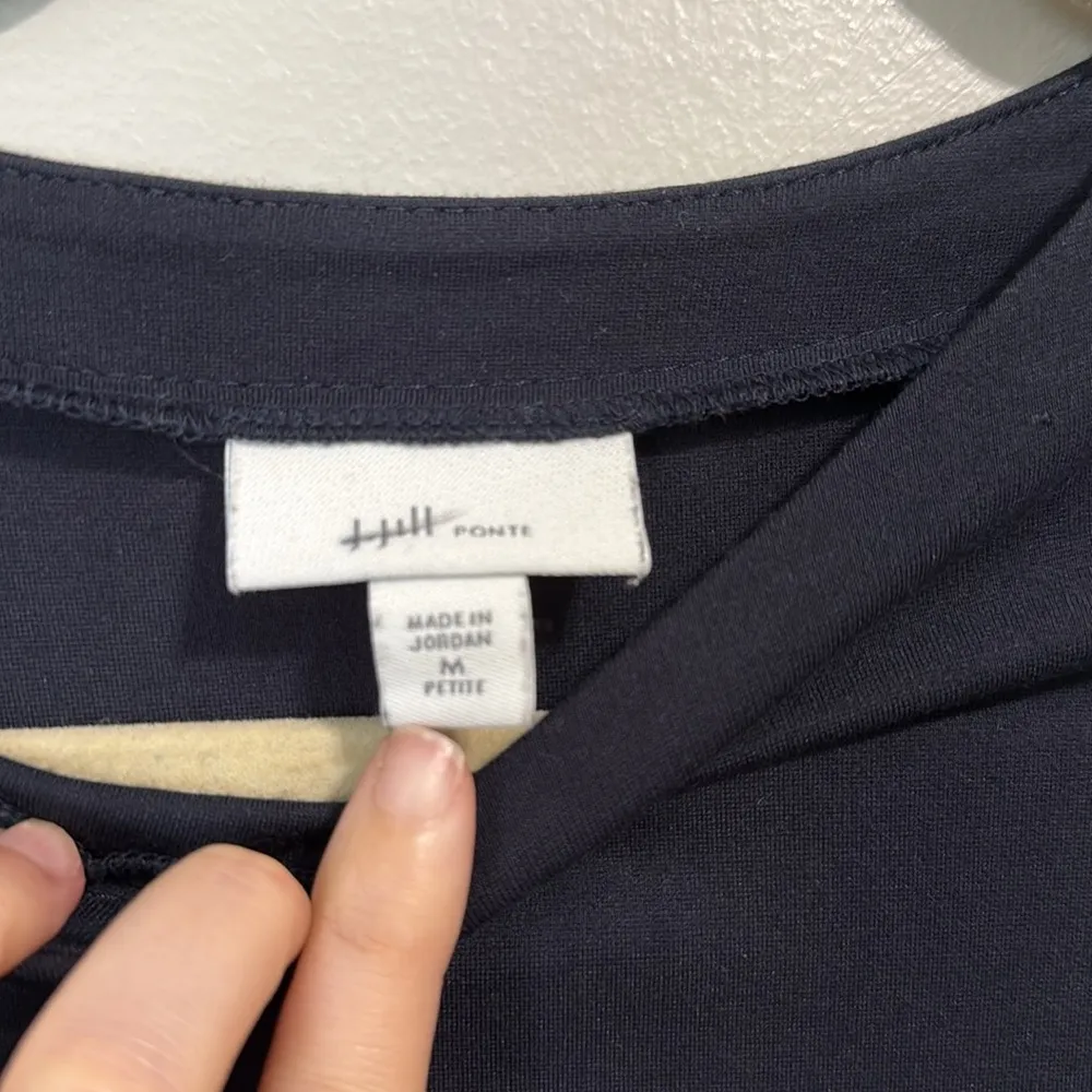 J Jill Ponte Knit Navy Blue Midi Ruffle Hem Dress Size Medium Petite - Image 3