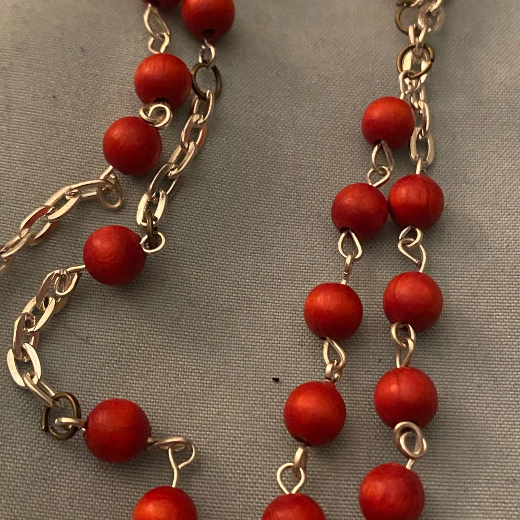 Rosary Silver Tone Cross And Red Lightweight Beads 25” Long - Image 4