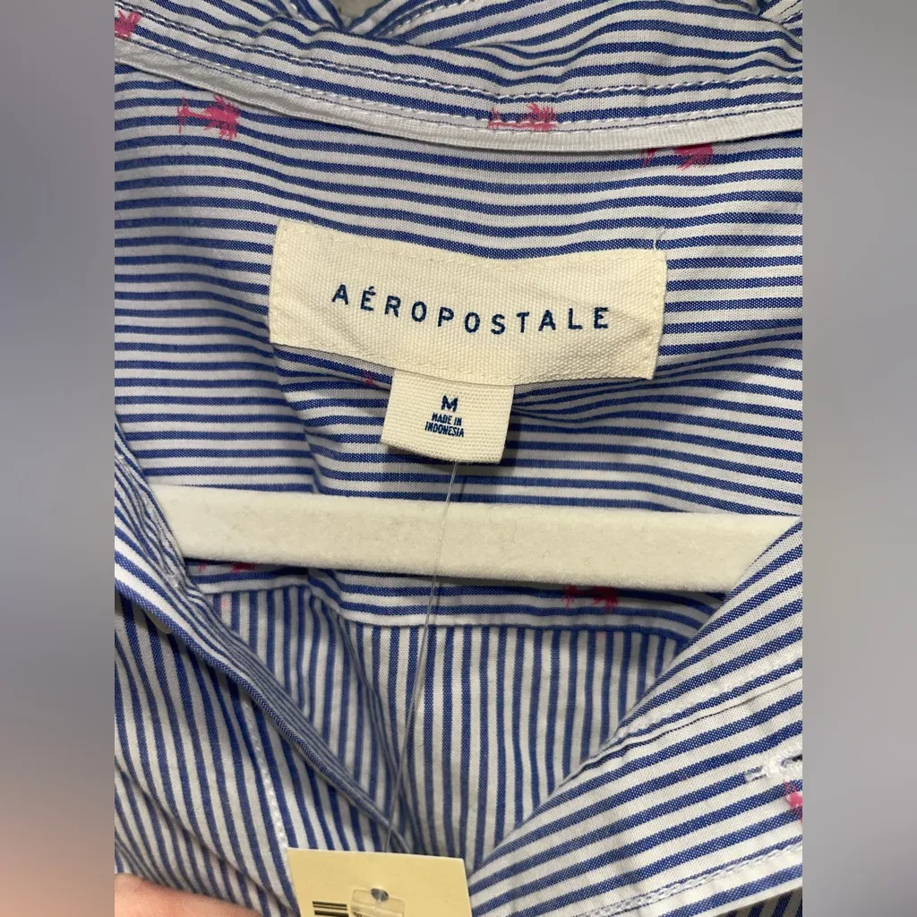 NWT Aeropostale Striped Blue White Striped Shirt with Pink Palm Trees - Image 3