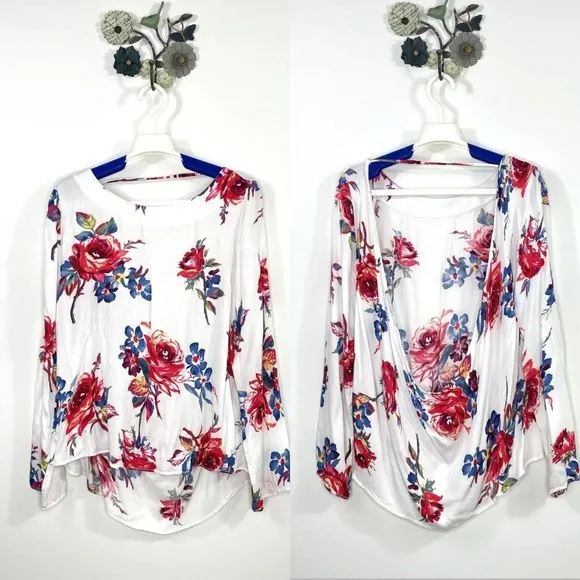 Somedays Lovin Open Draped Back Size XS White Floral Blouse Long Sleeve - Image 2